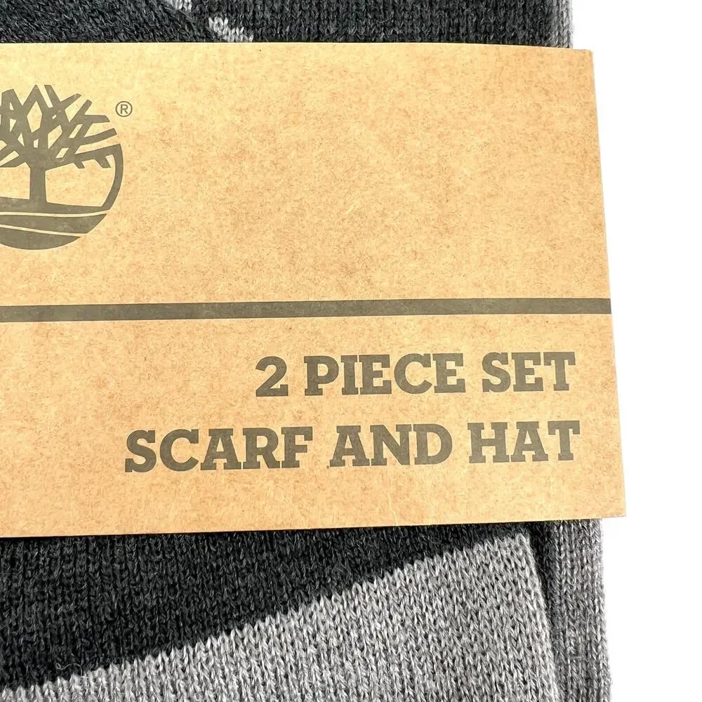 Timberland Reversible Jacquard Hat and Scarf Set in Two Tone Gray NEW